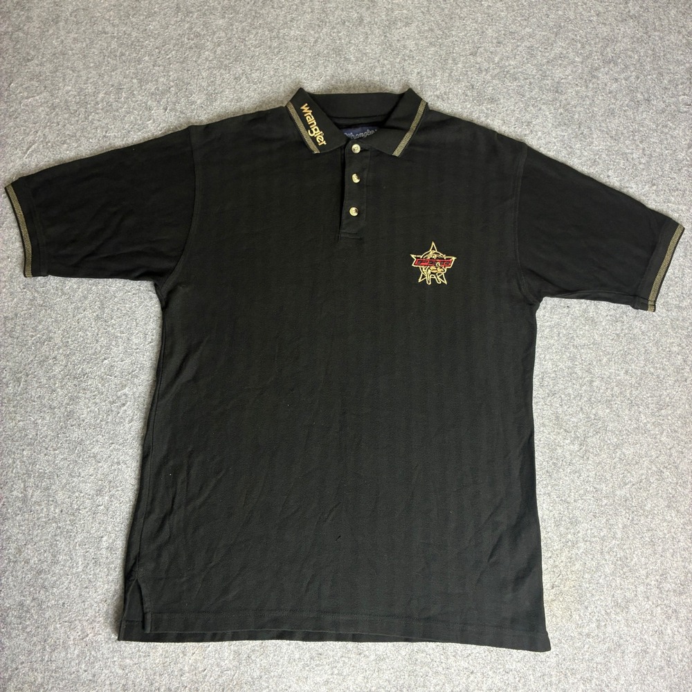 Wrangler Men's Medium PBR Professional Bull Riders Polo Shirt Black Short Sleeve